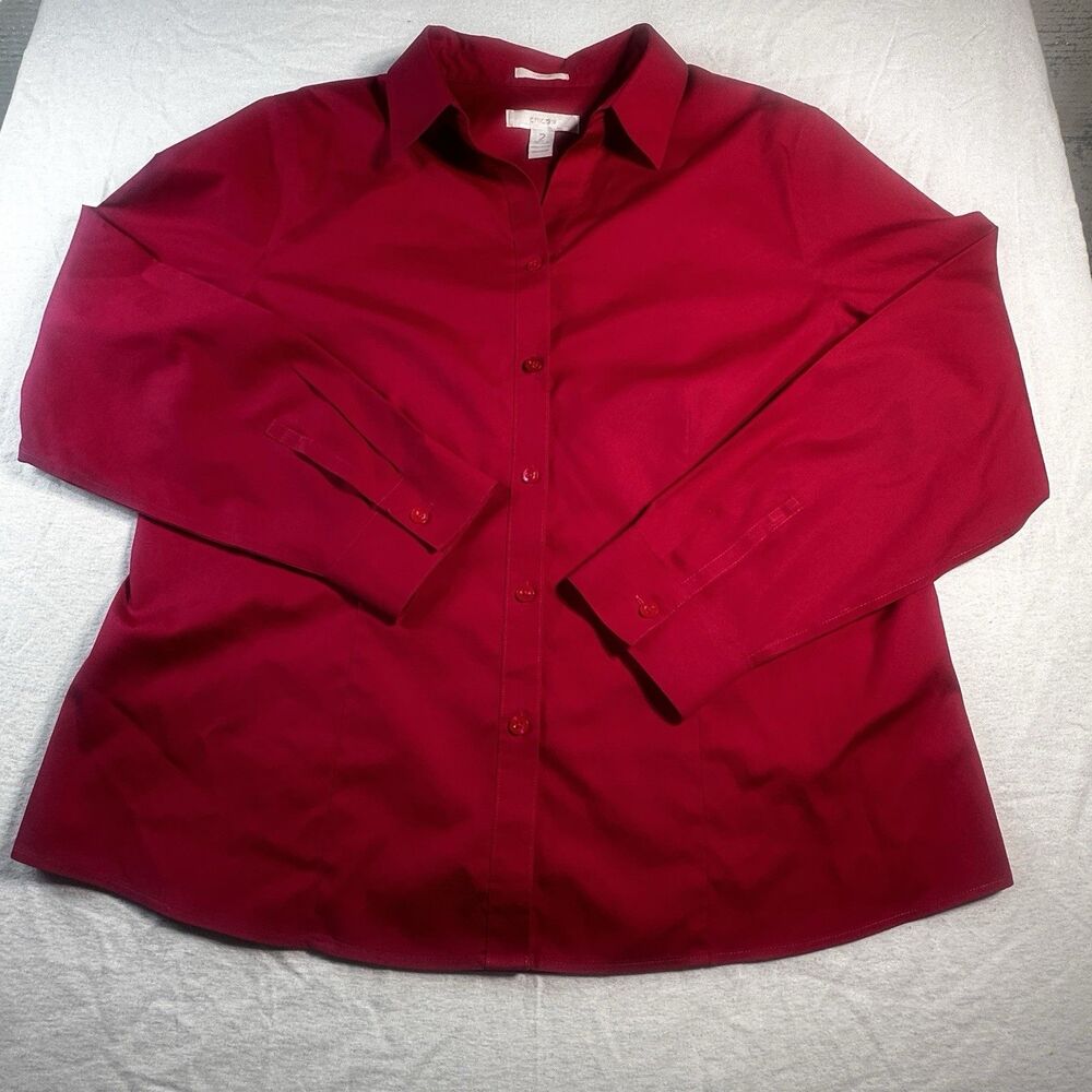 Chicos No-Iron Womans Long Sleeve Button Up Blouse Red Size 2 100% Cotton